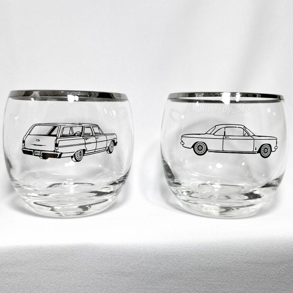 Vintage 1960s American Cut Crystal Chevrolet Automobile Glassware Set of 6 - GUC